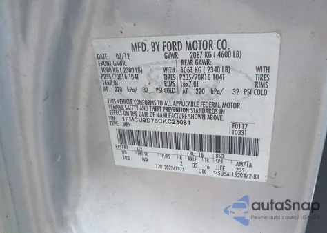 2012 Ford Escape Xlt из США, поврежденный, VIN 1FMCU9D78CKC23081